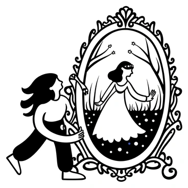 A "corpse bride" with tattered clothing and flowing hair is leaning forward toward an "enchanted mirror." The mirror has ornate edges and intricate designs surrounding its frame. The reflection in the mirror shows a "living bride" in a beautiful wedding dress, appearing joyful in a vibrant setting filled with flowers. The background around the mirror includes dark, twisted trees and mist, contrasting with the bright scene within the mirror.