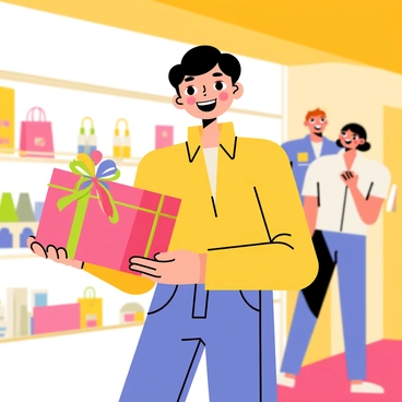 A customer standing in a brightly lit store with a joyful expression on their face. In their hands, they are holding a beautifully wrapped gift adorned with colorful ribbons and a shiny bow. The background features shelves filled with various products, with vibrant colors and enticing displays. The store has a cheerful atmosphere, enhanced by the warm lighting and friendly staff members who are smiling in the background.