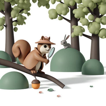A small squirrel wearing a brown detective hat and a matching trench coat is perched on a tree branch. The squirrel is holding a shiny magnifying glass in one paw, inspecting an acorn on the ground below. Various trees surround the squirrel, their leaves a vibrant green. Sunlight filters through the branches, casting dappled shadows on the forest floor. In the background, a curious rabbit peeks out from behind a bush, watching the squirrel with interest. A few scattered leaves and twigs are visible around the acorn, adding to the scene of mystery.
