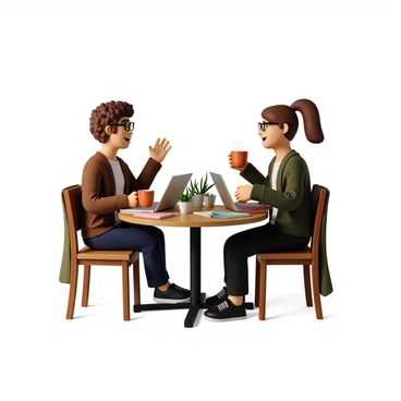 Two writers are seated at a small, round wooden table in a cozy café. One writer has short, curly hair and is wearing glasses, while the other has long, straight hair tied back in a ponytail. They both have laptops open in front of them, with notes and books scattered across the table. Each writer holds a cup of coffee, with steam rising gently from the mugs. The café has warm lighting and a few potted plants in the background. One writer is animatedly gesturing with a hand, while the other is leaning in, listening intently.