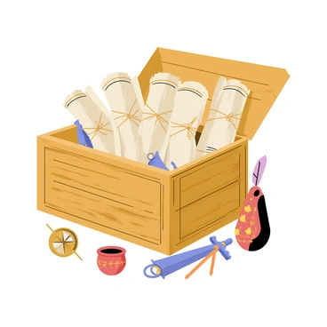 An ancient illustration box filled with scrolls and artifacts, inspiring artists to recreate historical art.
