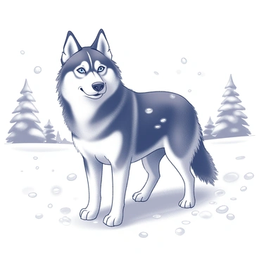 A husky with a thick fur coat stands firmly in a snowy landscape. The dog's fur is ruffled by the swirling snowflakes, which are falling gently around it. The husky's piercing blue eyes are focused forward, showcasing determination. Snow blankets the ground, creating a soft white surface, while flurries dance in the air. In the background, soft outlines of snow-covered trees can be seen, adding to the wintry atmosphere.