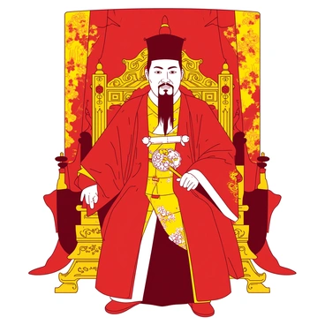 A red-clad Qing Dynasty emperor is sitting on a golden throne adorned with intricate carvings and decorations. The emperor wears a richly embroidered yellow robe with elaborate motifs, and a traditional black cap with a red tassel rests on his head. His expression is composed, and he holds a small golden scepter in his right hand. Behind him, a backdrop of luxurious tapestries in shades of gold enhances the regal atmosphere of the scene. Elegant patterns are visible on both the throne and the robe, showcasing the opulence of the royal attire.