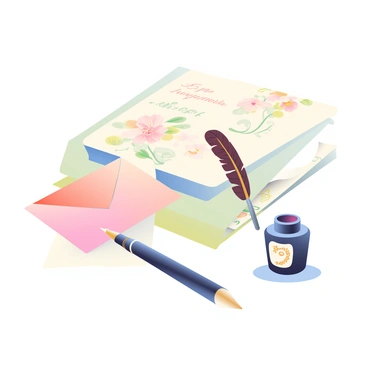 A beautifully arranged stationery gift set is displayed on a soft surface. The set includes a stack of scented paper, which features delicate floral patterns in pastel colors. Next to the paper are matching envelopes that have a subtle sheen, complementing the paper's design. A vintage-style quill pen rests atop the paper, showcasing intricate carvings along its length. The quill has a deep brown feather, which contrasts beautifully with the light colors of the paper and envelopes. A small ink bottle with a decorative label is positioned nearby, completing the elegant presentation of the gift set.
