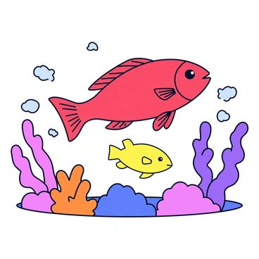 A large snapper fish with a vibrant red body and prominent fins swims gracefully beneath a smaller snapper fish, which has a bright yellow hue. The scene is set in a colorful coral reef, with various coral formations in shades of purple, orange, and pink surrounding them. Small fish dart between the corals, adding movement to the underwater environment. Bubbles rise from the larger snapper, emphasizing the motion of the water.