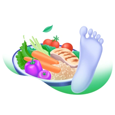 A colorful plate filled with a variety of healthy foods, including vibrant vegetables like bell peppers, a mix of leafy greens, bright orange carrots, and plump cherry tomatoes. The plate is also adorned with pieces of grilled chicken and whole grains like brown rice. Next to the plate, there is a realistic model of a human foot, positioned to emphasize the connection between nutrition and foot health. The setting has a clean and modern appearance, allowing the food and the foot model to stand out prominently.