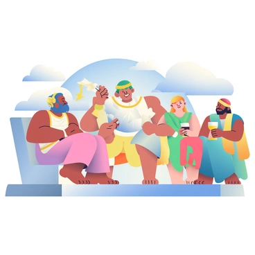 Hermes, depicted with tanned skin and wearing a winged helmet, is seated among the other Greek gods on Mount Olympus. He is dressed in a flowing white tunic with gold accents, and he has a playful expression on his face. To his left, Zeus is sitting on a grand throne made of marble, holding a lightning bolt. To his right, Hera is elegantly draped in a colorful gown, observing the scene around her. A clear blue sky is visible in the background, and fluffy white clouds float lazily above the group. The other gods are engaged in conversation, with some holding goblets and others adorned with laurel wreaths. The atmosphere conveys a sense of camaraderie and divine presence.