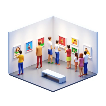 An art exhibition featuring "framed illustrations" mounted on "white walls." Several "visitors" are engaging with the artwork, with some standing close to the frames and others discussing the pieces in groups. The lighting is bright, highlighting the illustrations, which showcase various colorful designs and styles. The floor is polished, and there are small benches scattered throughout for visitors to rest while they admire the art.