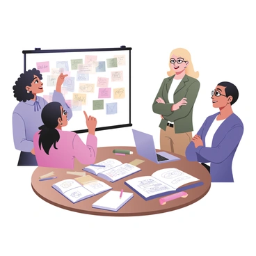 A digital flat illustration depicting a lively brainstorming session in a modern office space. There is a large white wall covered with colorful sticky notes in various shapes and sizes, featuring handwritten ideas and doodles. In the foreground, a round table is cluttered with open notebooks, pens, and markers. Sketches and diagrams are scattered across the table, showcasing creative concepts. A diverse group of three individuals is engaged in discussion; one person, a woman with curly black hair wearing a blue shirt, is pointing at the wall. Another person, a man with short brown hair and glasses, is taking notes while sitting with a laptop. The third person, a woman with straight blonde hair, is standing with her arms crossed and smiling. The overall atmosphere is energetic and collaborative.