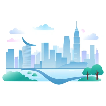 A vibrant skyline of modern Singapore with numerous high-rise buildings. Prominently in the background is the "Marina Bay Sands," a distinctive three-towered structure topped with a curved, elongated platform. In the foreground, there are various trees and greenery, contrasting the urban environment. The scene is illuminated with gradient pastel colors, creating a serene atmosphere over the entire cityscape. Clouds gently float in the sky, enhancing the peaceful ambiance of the city.