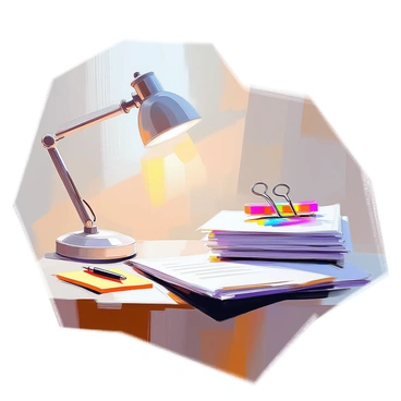 An office desk made of dark wood features a neat arrangement with a stack of white papers securely held together by a large, colorful paper clip in shades of red, blue, and yellow. The surface of the desk is organized, with a few pens and a bright notepad placed nearby. Soft light from a desk lamp illuminates the scene, highlighting the crisp edges of the papers and the vibrant colors of the paper clip.