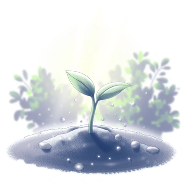 A small seedling emerging from dark, moist soil. The seedling has delicate leaves that are just beginning to unfurl. Above, rays of light from the sun are streaming down, illuminating the scene. In the foreground, droplets of rain are falling and landing on the seedling, creating small splashes in the soil. The background features blurred hints of green foliage, suggesting a lush environment surrounding the seedling.