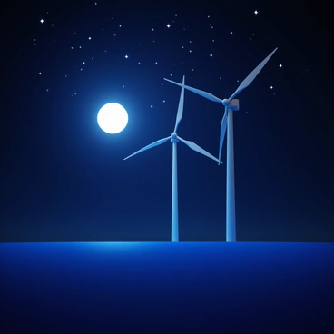 Wind turbines standing tall against a dark night backdrop, illuminated by "soft moonlight". The "moon" casts a gentle glow on the turbines, highlighting their sleek blades. Above, the "night sky" is filled with numerous "sparkling stars", creating a twinkling effect. The scene captures a serene moment of technology harmonizing with nature.