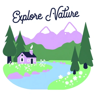 A travel poster depicts a scenic mountain landscape in a retro style. The foreground features a winding river that reflects the surrounding mountains. Tall evergreen trees line the banks of the river, creating a lush green frame. In the background, majestic mountains tower under a clear sky. There are snow-capped peaks that contrast with the rocky slopes below. A small cabin with a smoke chimney is positioned near the edge of the river, surrounded by wildflowers. In the upper part of the poster, the words "Explore Nature" are prominently displayed in bold letters.