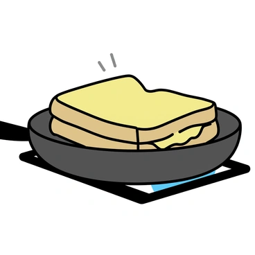 A classic grilled cheese sandwich, with two slices of golden-brown bread, is placed on a black frying pan. The bread has melted cheese oozing out from between the slices. The pan is on a stove with a gentle flame visible underneath. The sandwich is being toasted to a golden perfection, with the edges slightly crisped and browned.