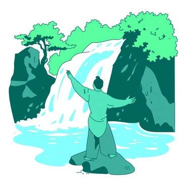 A teal figure is practicing qi gong beside a white cascading waterfall. The figure is standing in a tranquil pose, with arms gracefully extended and legs slightly bent. Water splashes gently around the figure as it flows down the rocks. Lush green foliage surrounds the scene, contrasting with the colors of the figure and the waterfall. The sunlight filters through the trees, creating a serene atmosphere around the lone practitioner.