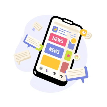 A smartphone with a sleek black design is positioned in the center of the image. The screen displays various square app icons, each representing a different social media platform. Each app icon showcases a news headline that reflects biased content, with bold letters and bright colors to grab attention. Around the smartphone, there are small floating speech bubbles, each containing snippets of the biased news articles. The background is a simple, light color to highlight the smartphone and its content.