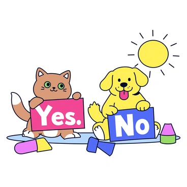 A playful tabby cat with green eyes holds a bright red sign that says "Yes" in bold white letters. Beside the cat, a fluffy golden retriever sits with its tongue out, holding a contrasting blue sign that displays "No" in large white text. The two animals are surrounded by colorful toys and a grassy area, creating a cheerful scene. The sun shines down, illuminating the expressions of curiosity on their faces.