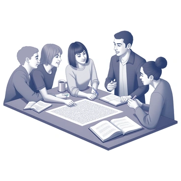 A diverse group of five individuals from different cultures is gathered around a large table. They are deeply focused on solving a crossword puzzle together. One person is holding a pencil and writing in an answer, while another is pointing at the puzzle with an engaged expression. The third individual is flipping through a dictionary, and the fourth is holding a mug, contemplating a clue. The fifth person is leaning forward, contributing ideas with enthusiasm. The table is cluttered with paper, pens, and a few open books, creating a vibrant and collaborative atmosphere.