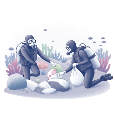Divers wearing wetsuits and equipped with underwater gear are actively collecting plastic waste from the ocean floor. The scene features vibrant coral reefs in the background, showcasing various shapes and sizes of coral formations. Schools of small fish swim around the divers, adding life to the underwater environment. The divers are using mesh bags to gather the plastic debris, while one diver is pointing towards a larger piece of waste, highlighting their efforts in preserving marine life.