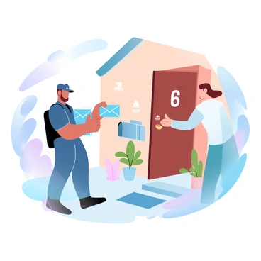 A postman wearing a navy blue uniform is standing at a front door, holding a stack of colorful envelopes. The homeowner, dressed in casual clothes, is reaching out to receive the envelopes. The front porch is adorned with potted plants and a welcome mat. A mailbox is visible beside the door, and the house features a warm, inviting facade with a wooden door. A large number is displayed on the door. A gentle breeze rustles the leaves of nearby trees.