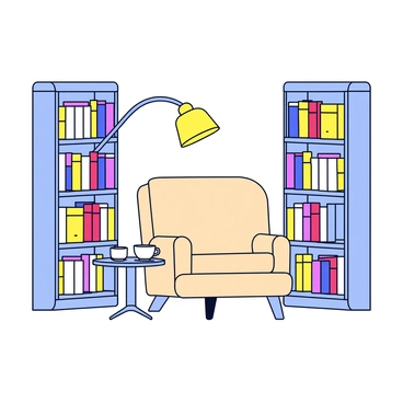 A small reading nook featuring a cozy armchair in a soft beige color. The chair has plush cushions and a slight recline, inviting relaxation. Surrounding the chair are tall shelves filled with various books, their covers in colorful designs. Above the chair, a warm yellow lamp emits a gentle glow, creating a welcoming ambiance in the nook. A small round side table sits next to the chair, holding a steaming cup of tea.