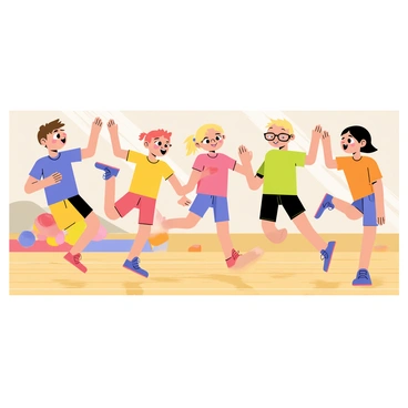 A group of five energetic kids is in a gym class, all performing jumping jacks in unison. The children have diverse appearances; one has curly brown hair, another has straight black hair tied in a ponytail, a third has short blonde hair, the fourth has red hair, and the last one has glasses. They are wearing colorful gym clothes: one in a bright blue t-shirt, another in a yellow tank top, the third in a green shirt, the fourth in a pink top, and the last in an orange shirt. The gym has wooden floors, mirror walls, and various fitness equipment in the background, such as mats and balls. Each child has a big smile, showing their enthusiasm and energy while they jump.