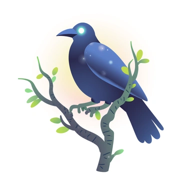 An enchanted raven with iridescent black feathers is perched on a gnarled, twisted branch. The raven's eyes are glowing with a bright, mystical light. The branch is adorned with small, green leaves and textured bark, connecting to a backdrop of soft gradients. The atmosphere is filled with an air of magic and mystery, with hints of subtle colors blending into each other around the scene. Light reflects off the raven's feathers, adding an ethereal quality to its appearance.