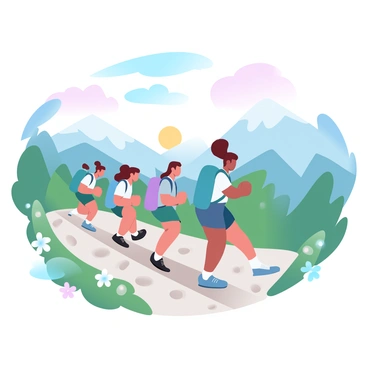 A group of friends is hiking up a scenic mountain trail. They are walking closely together, each wearing a colorful backpack. The trail is surrounded by lush greenery and wildflowers lining the path. In the background, there are towering mountains with peaks partially covered by clouds. The sky above is filled with soft gradient pastel colors, transitioning from a light blue to warm pinks and yellows as the sun rises. Each friend is dressed in outdoor clothing suitable for hiking.