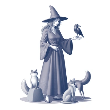 A medieval witch stands confidently in a clearing, her long, flowing robes adorned with intricate patterns. She has wild, unkempt hair and a pointed hat perched atop her head. Around her, several animal familiars are gathered. A raven perches on her outstretched arm, its glossy feathers glistening. At her feet, a toad sits still on a stone, blending into the natural surroundings. Nearby, a fox watches keenly, its bright eyes reflecting intelligence and curiosity. The scene captures a sense of connection between the witch and her familiars, highlighting the harmony of nature and magic.