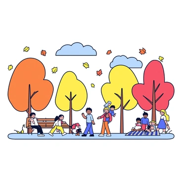 A park scene featuring a variety of trees with orange, yellow, and red leaves indicating autumn. Leaves are gently falling from the branches, creating a colorful carpet on the ground. In the foreground, there are families enjoying the day, some sitting on benches and others walking along a path. A child is playing with a small dog, while another family is having a picnic on a checkered blanket. In the background, there is a clear blue sky and a few fluffy white clouds.