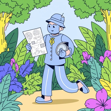 The Tin Man is walking through a dense jungle filled with lush green foliage and tall trees. He is holding a detailed map in one hand and a shiny compass in the other. The sunlight filters through the leaves, creating dappled shadows on the forest floor. The Tin Man has a metallic body and a friendly expression, with his signature funnel hat perched on his head. Various exotic plants and vibrant flowers surround him, adding bursts of color to the scene.
