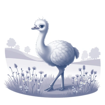 A fluffy baby moa playfully exploring a meadow filled with wildflowers