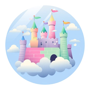 A whimsical castle with tall, twisting towers and colorful flags is floating among fluffy white clouds in a bright blue sky. The castle's stones are various shades of pastel colors, including pink, lavender, and mint green. Surrounding the castle are clusters of soft, white clouds, casting gentle shadows on the castle walls. A few small birds can be seen flying around the towers, adding a sense of life to the scene. Sunlight filters through the clouds, creating a warm and inviting atmosphere.