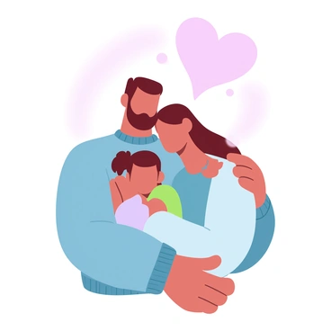 A family of four is embracing each other in a warm hug, showcasing a strong bond. The parents are positioned in the center, with the father wearing a cozy sweater and the mother in a light cardigan. The two children are nestled between them, each wearing colorful t-shirts. The family is surrounded by a soft, gradient pastel background that enhances the feeling of warmth and affection. Above them, a large heart shape symbolizes love and togetherness.