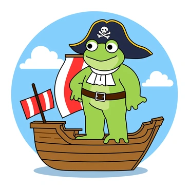 A green frog with large, expressive eyes is wearing a classic pirate outfit, complete with a black tricorn hat adorned with a skull and crossbones emblem. The frog's outfit includes a white ruffled shirt and a brown leather belt. The tiny ship, made of wood, is depicted in a lively cartoon style with colorful sails and a small mast. The frog stands confidently at the bow of the ship, with one webbed foot perched on the railing. The background features a bright blue sky with fluffy white clouds, adding to the playful atmosphere of the scene.