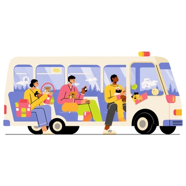 A tour bus with large windows and a vibrant exterior design is filled with passengers. The passengers are seated comfortably, each with a small pet beside them. Some have dogs with varying fur colors and sizes, while others have cats in cozy carriers. Brightly colored cushions and blankets are provided for the pets, adding to the comfort of the scene. The interior of the bus features spacious seating arrangements and a cheerful atmosphere, with decorations that reflect a fun travel theme. The bus is parked near a scenic location, suggesting an enjoyable journey ahead.