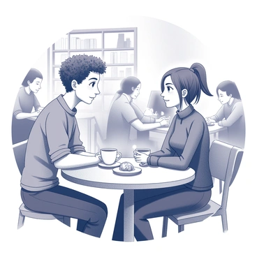 Two friends are seated at a small round table in a café. One friend has short, curly hair and is wearing a casual shirt, while the other has straight hair tied back and is dressed in a cozy sweater. Both have expressive faces, showing deep engagement in their conversation. The table is adorned with two steaming cups of coffee, and a small plate with a pastry sits in the center. A backdrop of bookshelves and ambient lighting creates a warm atmosphere. The surrounding café is filled with patrons, each engrossed in their own activities.