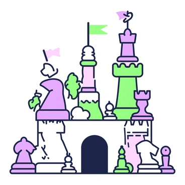 A whimsical castle is constructed entirely from stacked chess pieces. The base of the castle consists of large pawns forming a solid foundation. Rising from this base are rooks that serve as the main towers, with intricate details visible on their surfaces. Atop the rooks are knight pieces, positioned to resemble turrets, each knight adorned with small flags fluttering in the breeze. The castle entrance is framed by a pair of bishops, standing guard, while the overall structure is surrounded by an artistic arrangement of scattered chess pieces, creating a playful atmosphere.