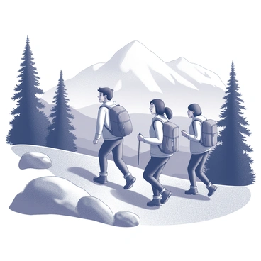 A group of three friends hiking along a mountain trail. One friend is leading the way, wearing a backpack and looking ahead, while the other two follow closely behind, chatting and smiling. The trail is surrounded by towering trees and rocky outcrops, creating a sense of adventure. In the background, the mountain peaks rise majestically under a clear sky, and the landscape below showcases valleys and distant mountains. Each friend is dressed in hiking attire, including sturdy boots and lightweight jackets. The scene conveys the spirit of camaraderie and the beauty of nature.