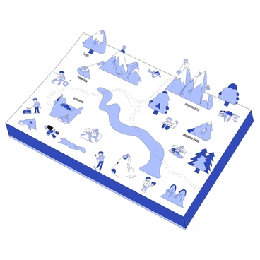 A playful adventure map is spread out, depicting various outdoor activities. The map features illustrations of a mountain range with hikers scaling the peaks, a river with kayakers paddling, and a forest with campers gathered around a fire. There are whimsical icons for activities such as cycling on a path, fishing at a lake, and zip-lining through the trees. The landmarks are labeled with playful text, and there are playful elements like cartoon animals engaged in different activities, enhancing the adventurous theme of the map.