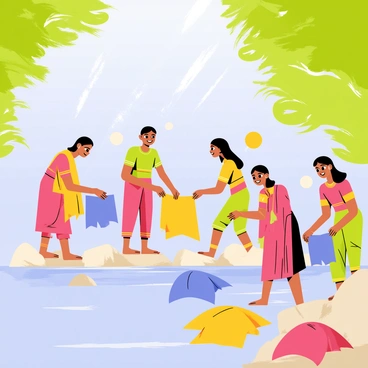 Women wearing colorful saris are washing clothes in the Ganges River. The river is flowing gently, surrounded by lush greenery on the banks. Vibrant fabrics in shades of red, blue, yellow, and green are spread out on the shore to dry in the sunlight. The women are using their hands to scrub the clothes against the rocks, and some are laughing and chatting as they work. Sunlight sparkles on the surface of the water, creating a lively atmosphere.