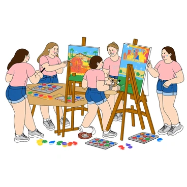 A bridal party of five women happily engaged in a painting session. They are positioned around colorful easels, each with a canvas displaying different vibrant artworks. The women have varied hairstyles; one has long flowing hair, another sports a short bob, and a third has her hair in a loose braid. They are dressed in matching light pink T-shirts and denim shorts. Each holds a paintbrush, while some have splashes of paint on their cheeks. The scene is filled with an array of paint colors scattered on tables and palettes, and a few laughter-filled expressions as they admire each other's work. The background features bright outdoor scenery, enhancing the cheerful atmosphere.