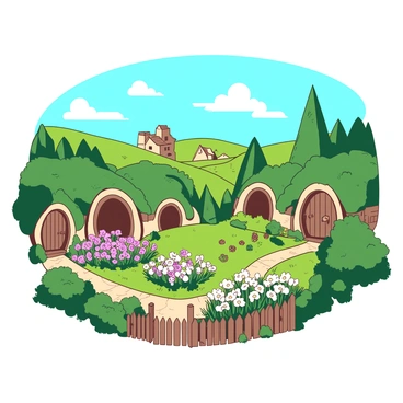 A charming hobbit village features multiple quaint round doors made from wood, each adorned with vibrant green wreaths. The houses are nestled into gentle hills, surrounded by lush gardens filled with colorful flowers in full bloom. A clear blue sky stretches above, with a few fluffy white clouds scattered throughout. In the foreground, there is a cobblestone path winding through the village, lined with tall green hedges and blooming plants. Small wooden fences surround each garden, adding to the cozy atmosphere of this peaceful setting.