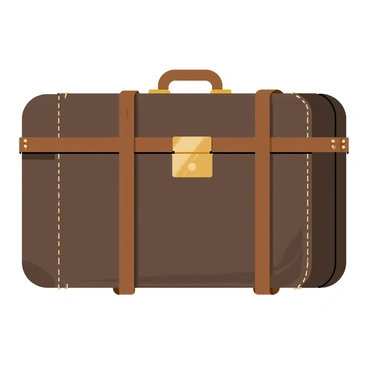 An old-fashioned suitcase with a rectangular shape, made of dark brown leather. The suitcase features sturdy leather straps across the front, securing the top and adding to its vintage appeal. A shiny brass lock is positioned in the center, glimmering in the light. The suitcase has rounded edges and subtle stitching details along the seams, enhancing its classic design. Small, worn feet are attached to the bottom, elevating the suitcase slightly off the ground.