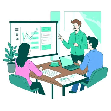 A teal financial advisor is standing in front of a whiteboard, pointing at a chart that displays various investment options. The couple, a man and a woman, are seated on opposite sides of a wooden table, attentively listening to the advisor. The man has short brown hair and is wearing a blue shirt, while the woman has long black hair and is dressed in a pink blouse. There are financial documents and a laptop open on the table in front of them, along with a small potted plant. The background features a large window letting in natural light, casting a soft glow over the scene.