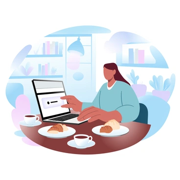 A person is sitting at a wooden table in a coffee shop, focused on their laptop. The laptop has a illuminated screen, showing a password input field. The person is using both hands to type on the keyboard, with fingers poised over the keys. Around them, there are coffee cups and pastries on the table. Soft, ambient light from overhead lamps creates a warm atmosphere in the shop. In the background, shelves filled with books and potted plants can be seen.