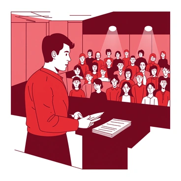 A red speaker is standing at a black podium, looking out at a large audience. The speaker's eyes are wide, and their mouth is slightly open, portraying hesitation. They are clutching a stack of white notes tightly in their right hand for reassurance. The audience is seated and watching attentively, with a diverse range of expressions on their faces, including curiosity and concern. Bright overhead lights illuminate the speaker, casting a strong focus on them amidst the darker surroundings.