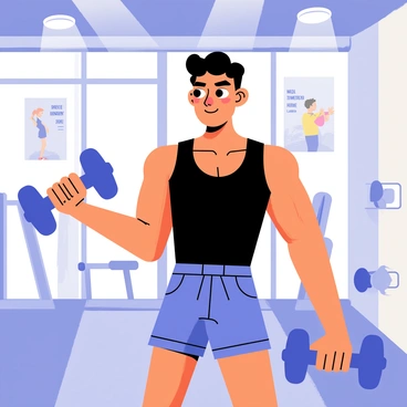 Diljit Dosanjh is performing a workout session inside a modern gym. He is wearing a fitted black tank top and bright blue shorts. He is lifting a heavy dumbbell with focus on his expression. The gym is equipped with various fitness machines and weights in the background. Bright overhead lights illuminate the space, and large windows allow natural light to stream in. Motivational posters are hanging on the walls, depicting fitness quotes and imagery.