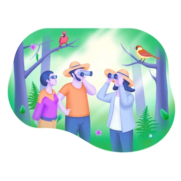 A group of three birdwatchers, two men and one woman, are standing in a lush green forest, each holding binoculars to their eyes. The men are wearing casual, earth-toned outfits, while the woman is dressed in a light blue jacket and a wide-brimmed hat. Nearby, a variety of colorful birds, including a vibrant red cardinal and a yellow warbler, perch on the branches of tall trees. Sunlight filters through the leaves, casting dappled shadows on the forest floor. In the background, there are ferns and wildflowers, adding to the natural beauty of the scene.